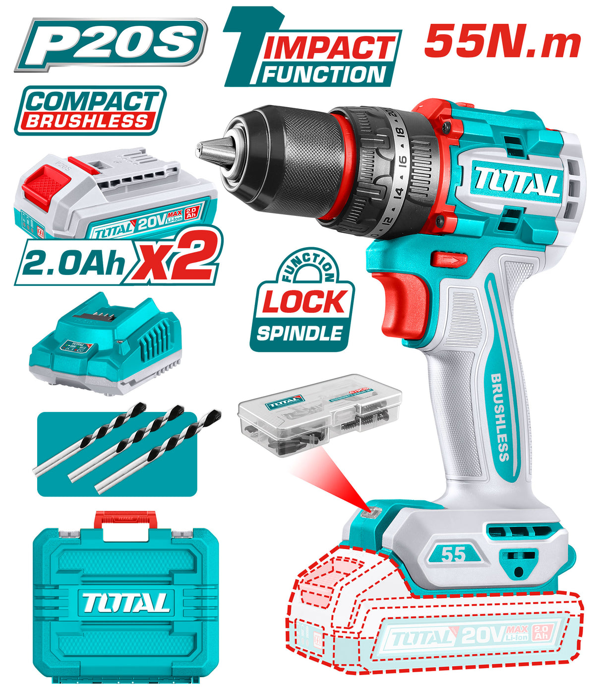 20V 55Nm battery, hammer, 2 batteries, 2 Ampere charger 