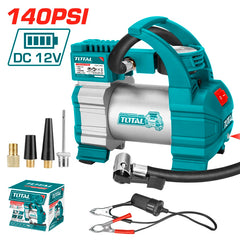12-volt, 1-piston compressor, service, connections, flashlight, and works with the car lighter.