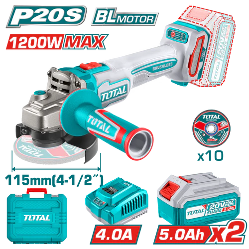 20V 1200W 4.5" Angle Grinder - 2 x 5Ah Batteries &amp; Charger - Brushless