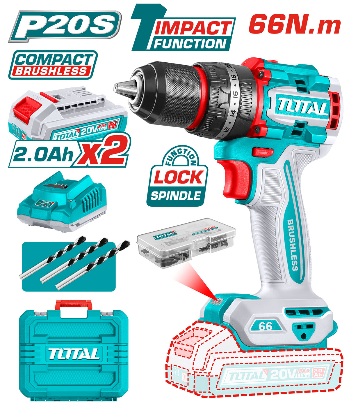 20V 66Nm battery drill, 2 2A battery drill and charger
