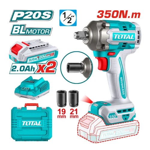 1/2 inch drill, 20 volts, 350 Nm, 2 batteries, 2 21-19 mm bits, without charcoal, in a plastic bag